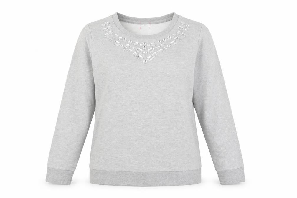 Front view of women’s grey pullover sweatshirt, size UK 12, - beaded neckline