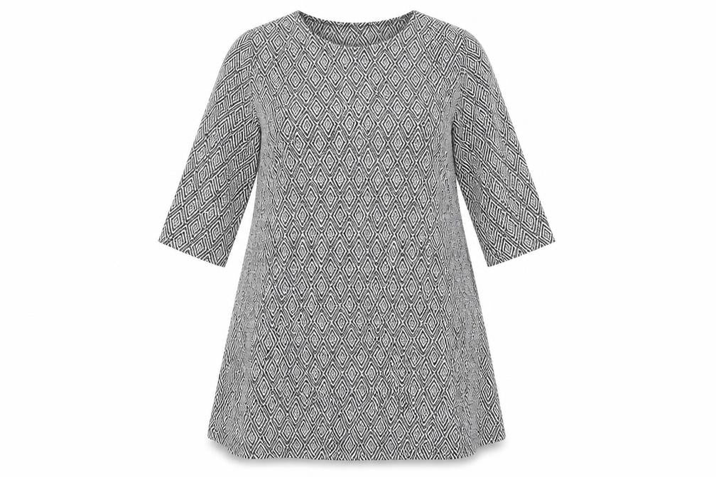 Front view of H&M women’s grey geometric fit & flare, size UK 14