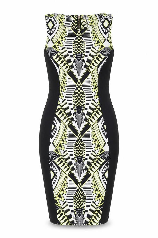 Front view of Internationale women’s black geometric bodycon, size UK 10