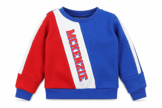 Front view of McKenxie boys’ blue colourblock pullover sweatshirt, size 4-5, years - red