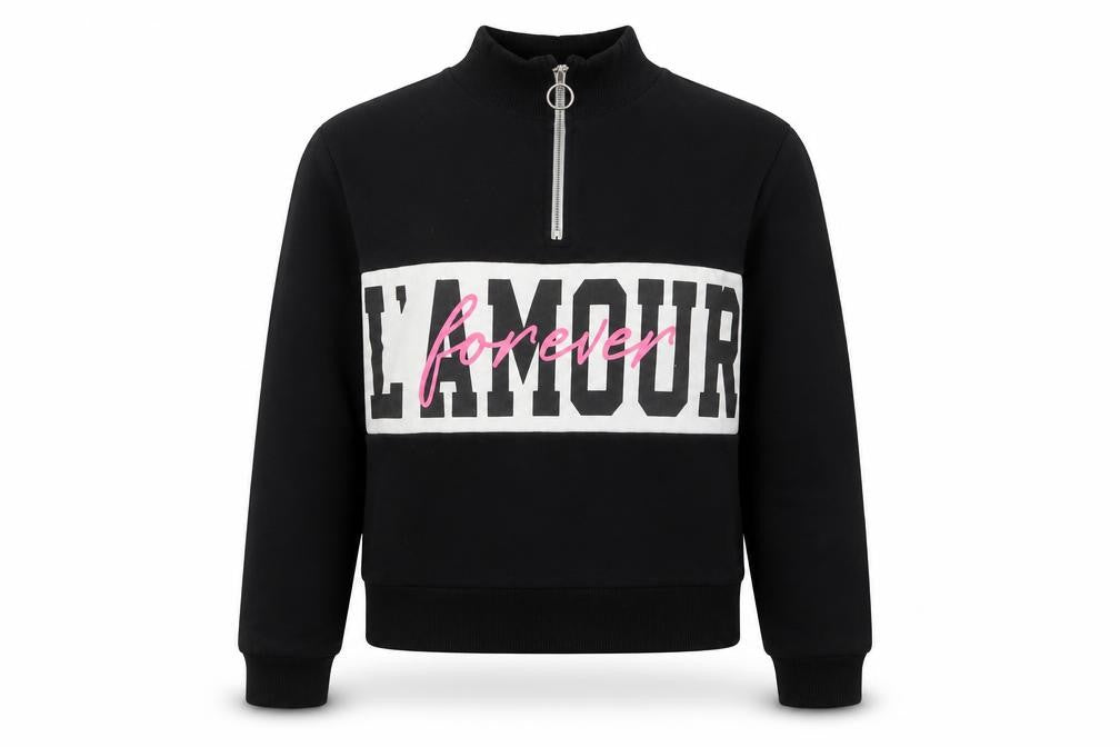 Front view of Miss Evie girls’ black pullover sweatshirt, size 9-10, years - l'amour forever