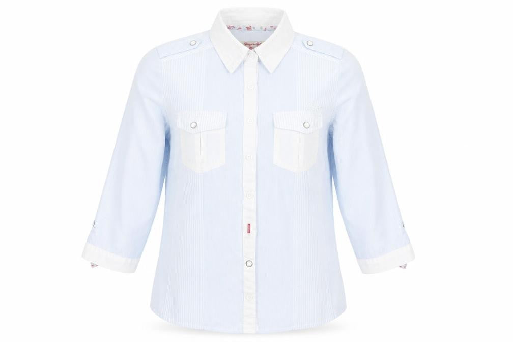 Front view of Lee Cooper women’s blue striped basic button-up, size UK 8
