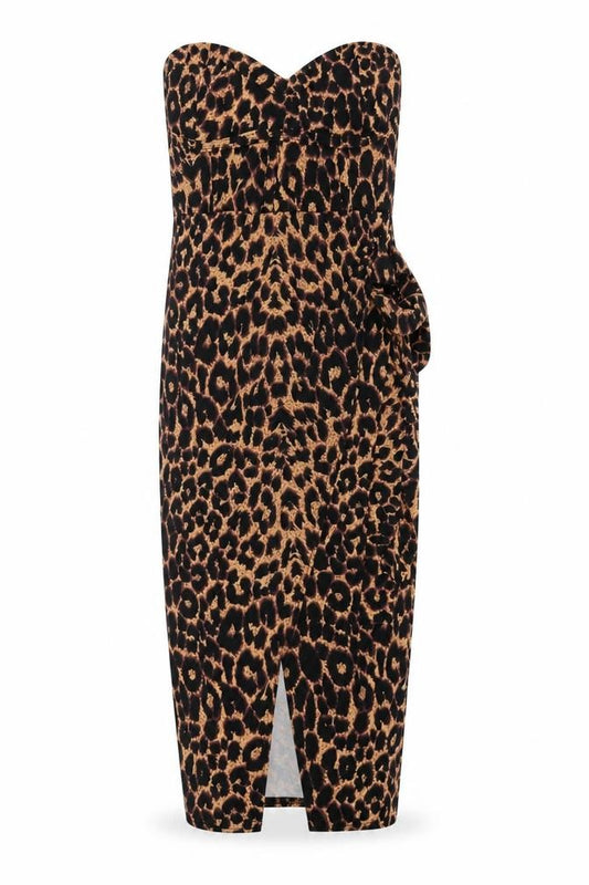 Front view of PRETTYLITTLETHING women’s brown animal print maxi, size UK 4, - strapless