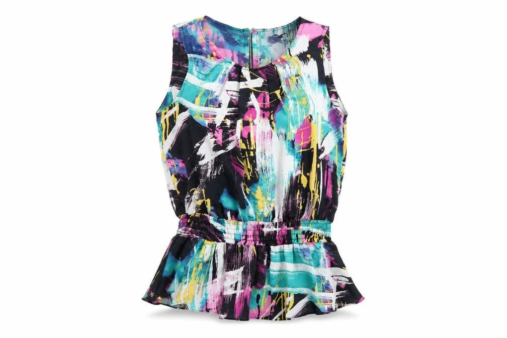 Front view of Primark women’s multicoloured geometric tunic blouse, size UK 10