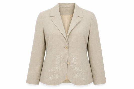 Front view of Blanchelle women’s beige jacket, size UK 12