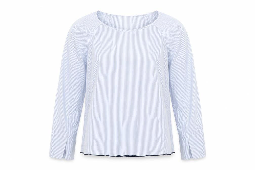 Front view of H&M women’s blue striped basic blouse, size UK 6