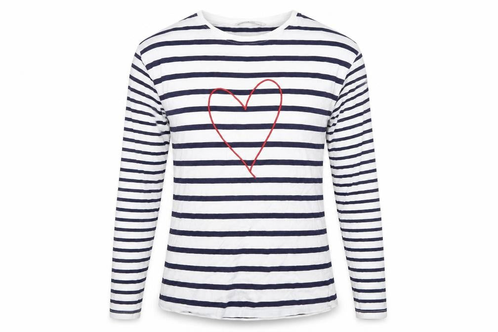 Front view of Tu women’s white striped jersey pullover sweatshirt, size UK 8, - heart print