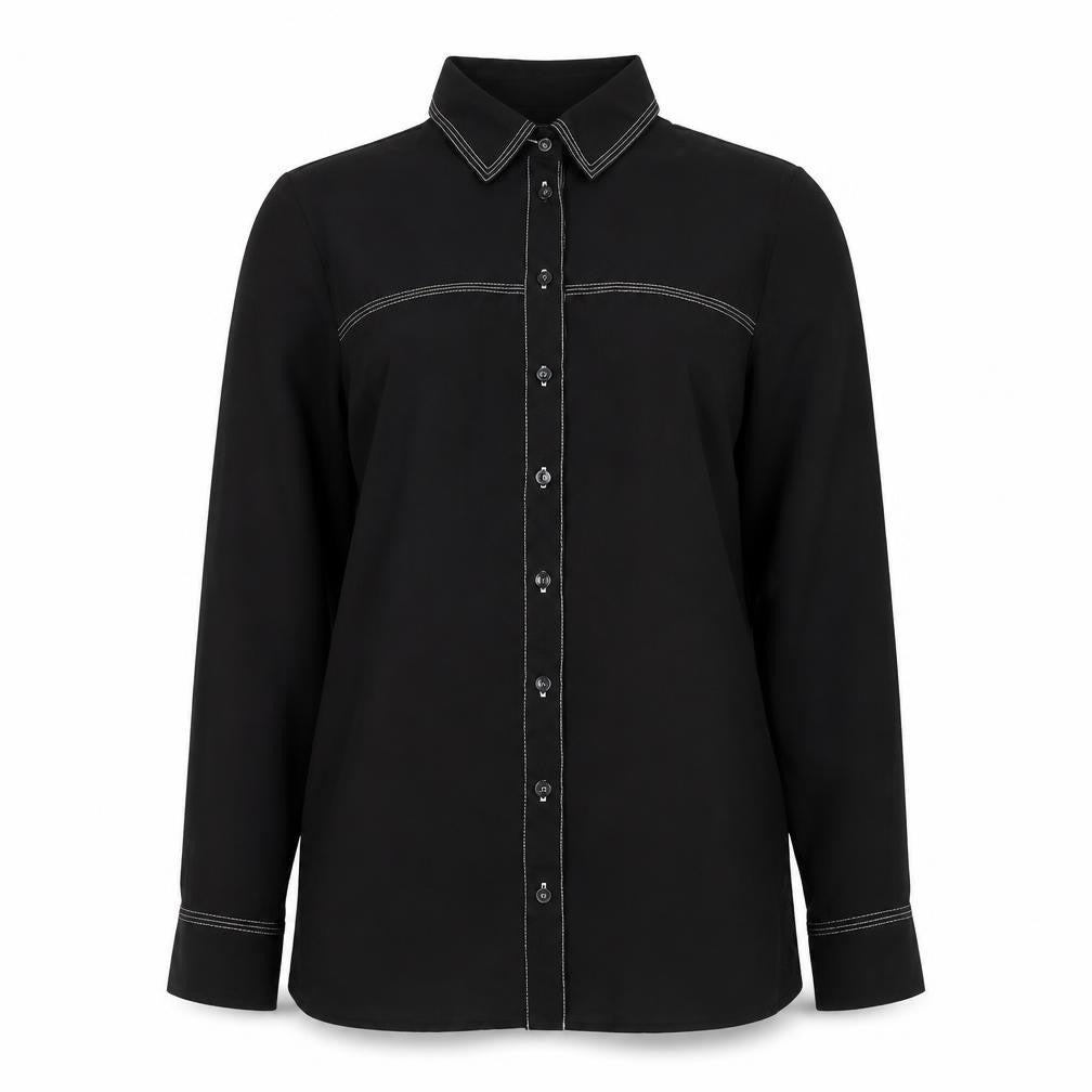 Front view of Dorothy Perkins women’s black basic button-up, size UK 8