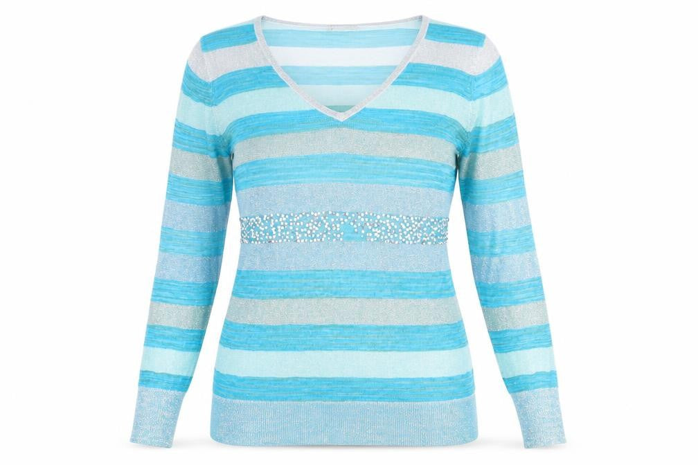 Front view of PLANET women’s blue striped jumper, size M
