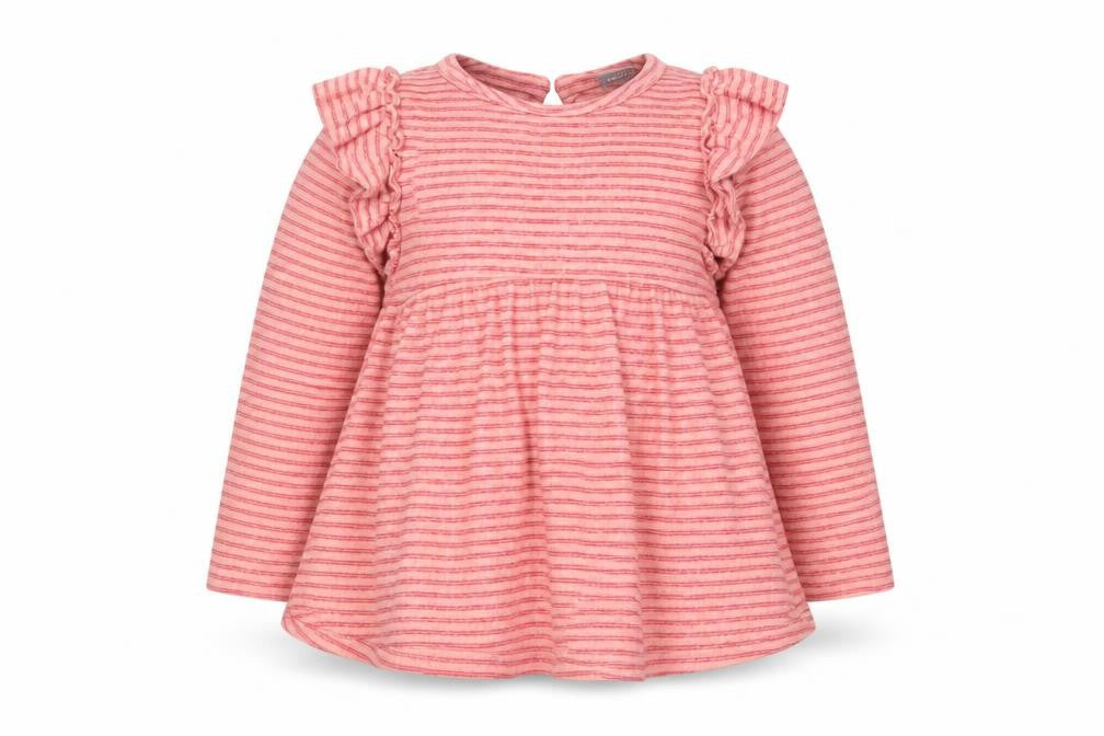 Front view of Next girls’ pink striped jumper, size 5-6, years - ruffle detail