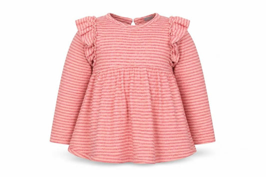Front view of Next girls’ pink striped jumper, size 5-6, years - ruffle detail