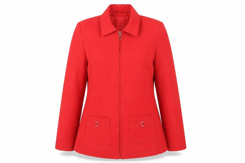 Front view of Classics women’s red jacket, size UK 14