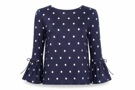 Front view of Atmosphere women’s blue polka dot basic t-shirt, size UK 12