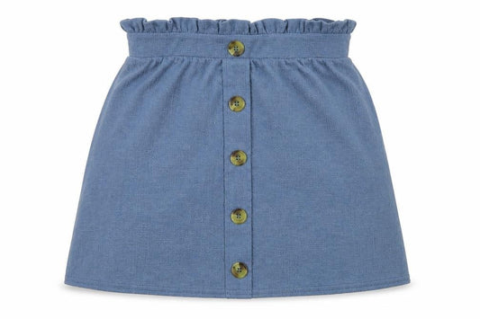 Front view of New Look women’s blue a-line skirt, size UK 10, - stretch waistband