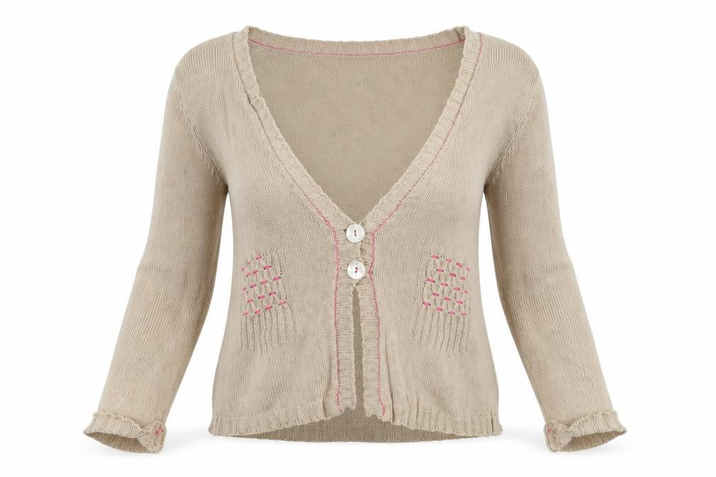 Front view of Quinton & Chadwick women’s brown knit cardigan jumper, size S