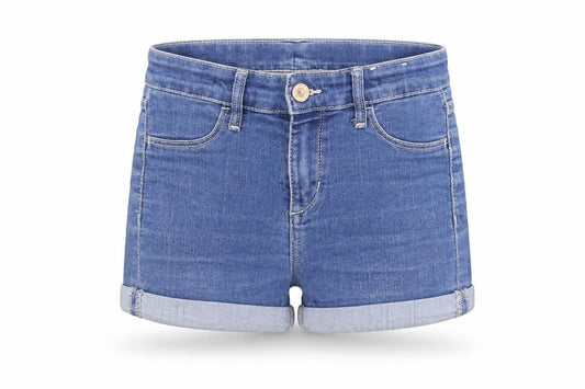 Front view of Preworn girls’ blue denim boyfriend shorts, size 8, years