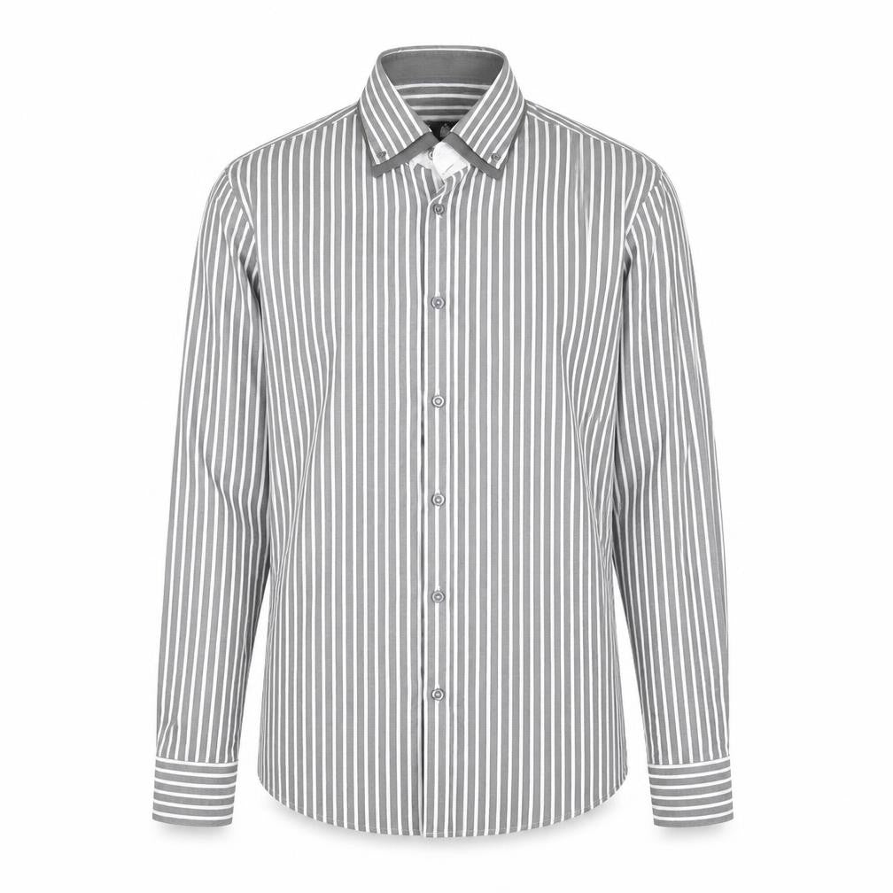 Front view of Steel & Jelly men’s grey striped button-up, size M