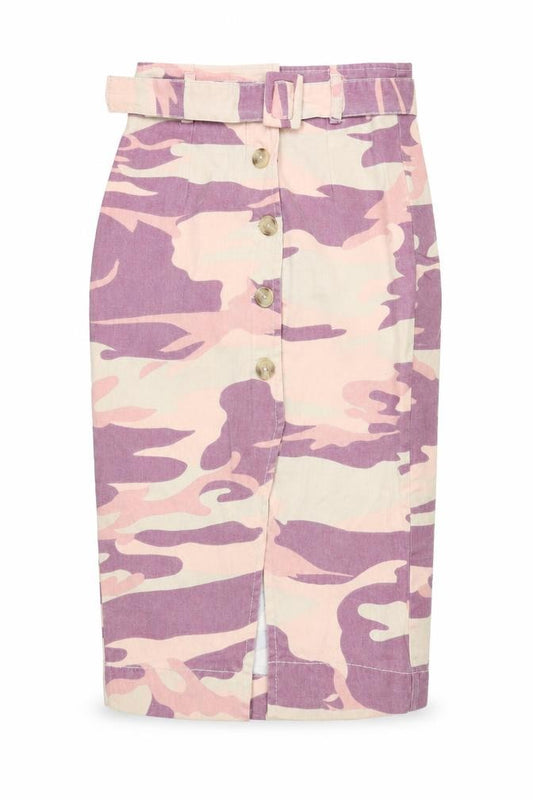 Front view of Primark women’s purple camouflage straight & pencil skirt, size UK 4