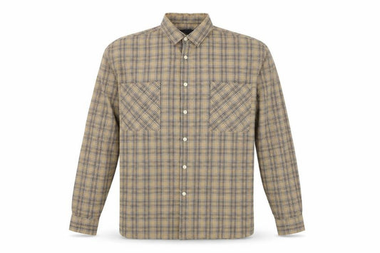 Front view of Mennace men’s brown plaid button-up, size S