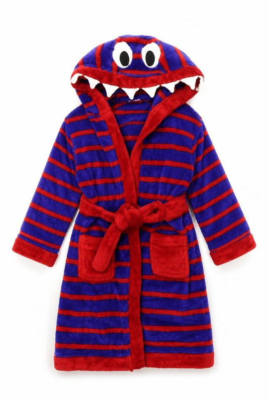 Front view of Mini Club boys’ blue striped robe, size 2-3, years - monster
