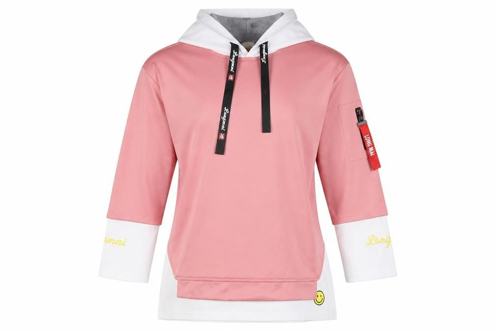 Front view of Fashion women’s pink pullover hoodie, size L