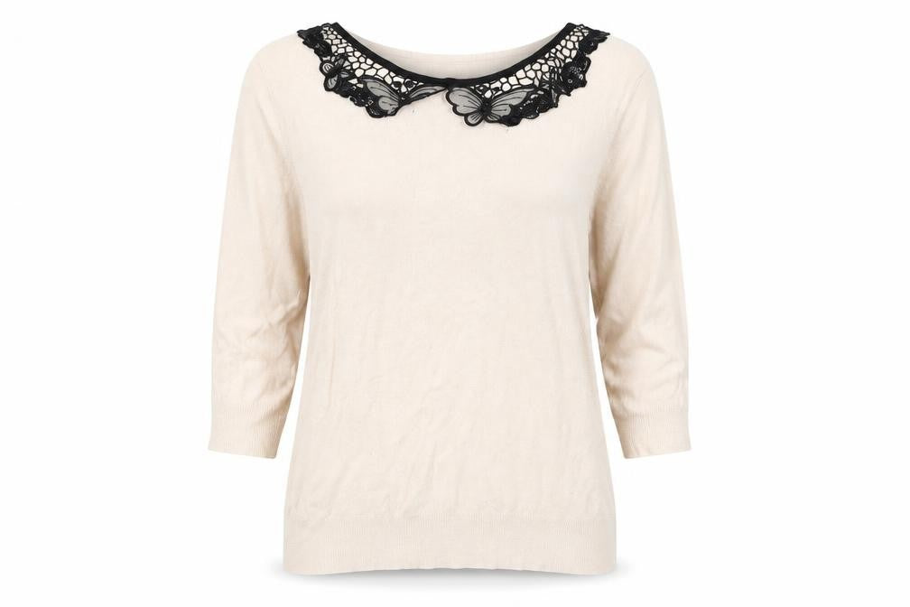 Front view of David Emmanuel women’s beige jumper, size L