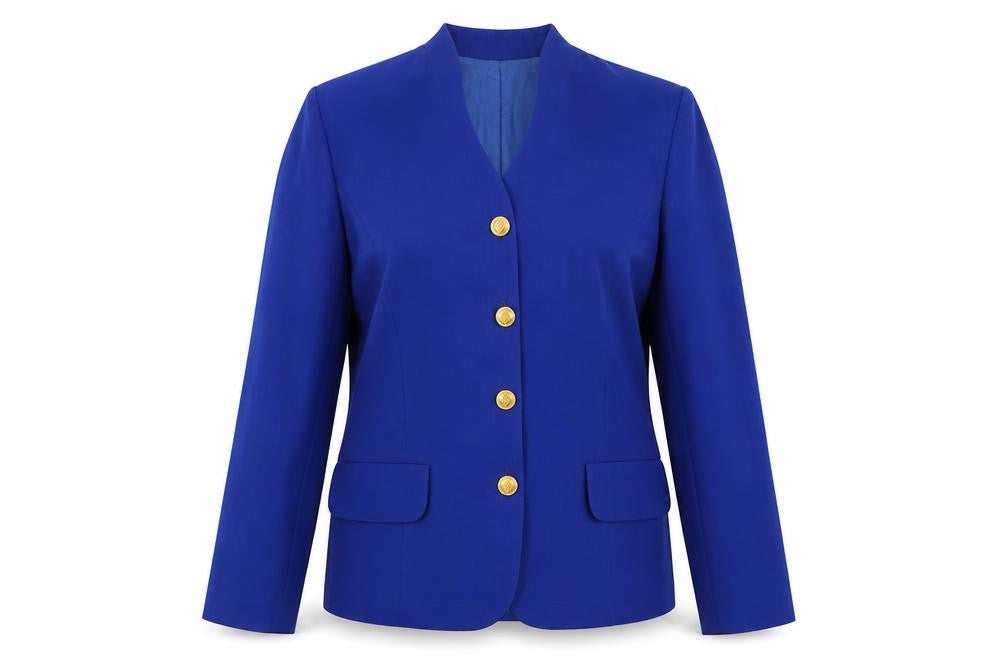Front view of Schneberger women’s blue jacket blazer, size UK 12