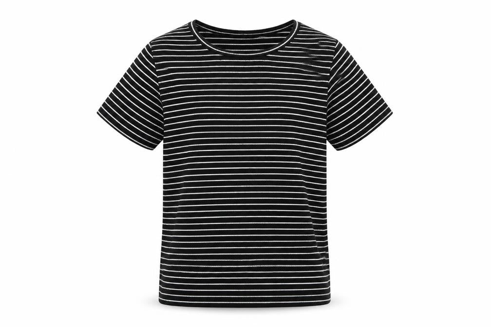 Front view of YD girls’ black striped basic t-shirt, size 9-10, years
