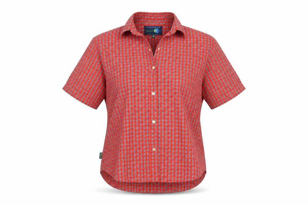 Front view of Capsule women’s orange check basic button-up, size M