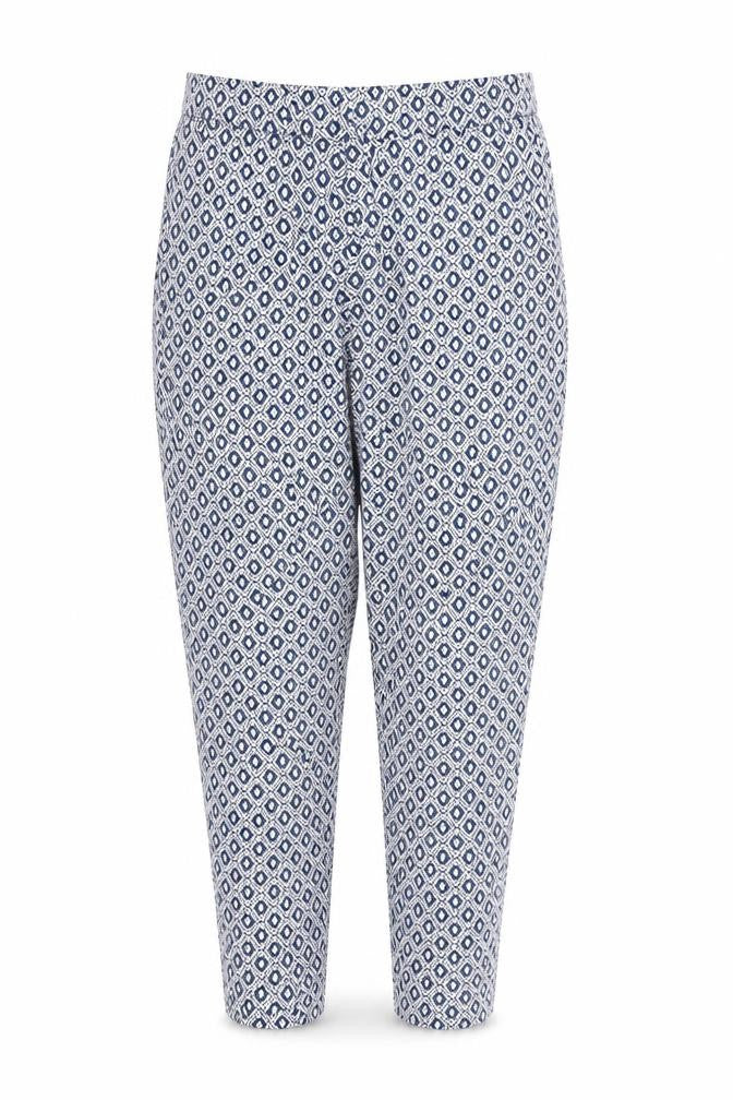 Front view of H&M women’s white geometric trousers, size UK 14, 27-inch leg