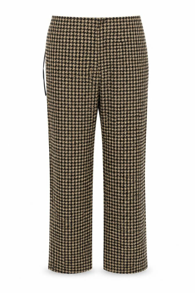 Front view of Emory Park women’s gold geometric trousers, size M, 30-inch leg