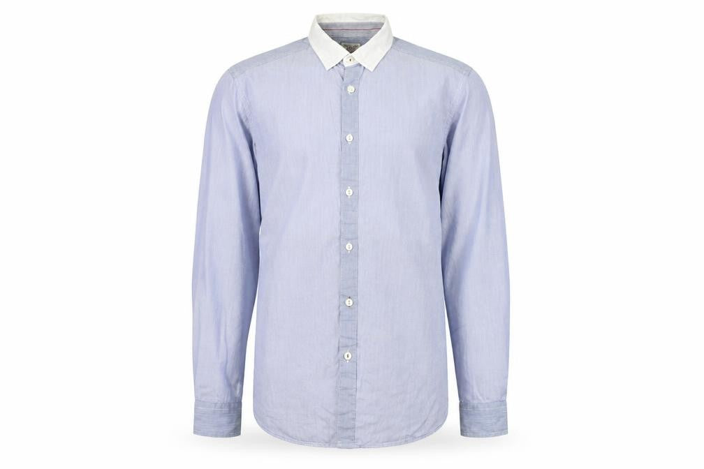 Front view of Next men’s blue striped button-up, size M