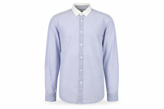 Front view of Next men’s blue striped button-up, size M