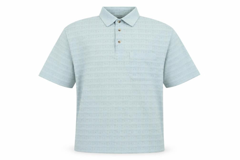Front view of Armando men’s blue geometric jersey polo, size M