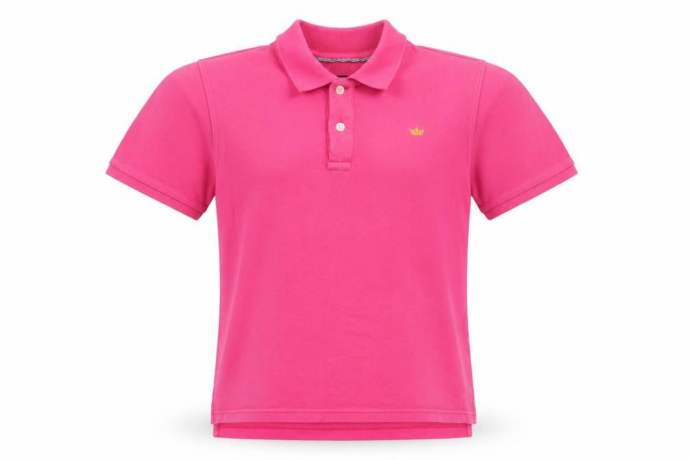 Front view of Industrialize men’s pink jersey polo, size M