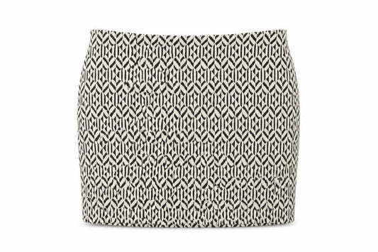 Front view of Atmosphere women’s beige geometric mini skirt, size UK 12