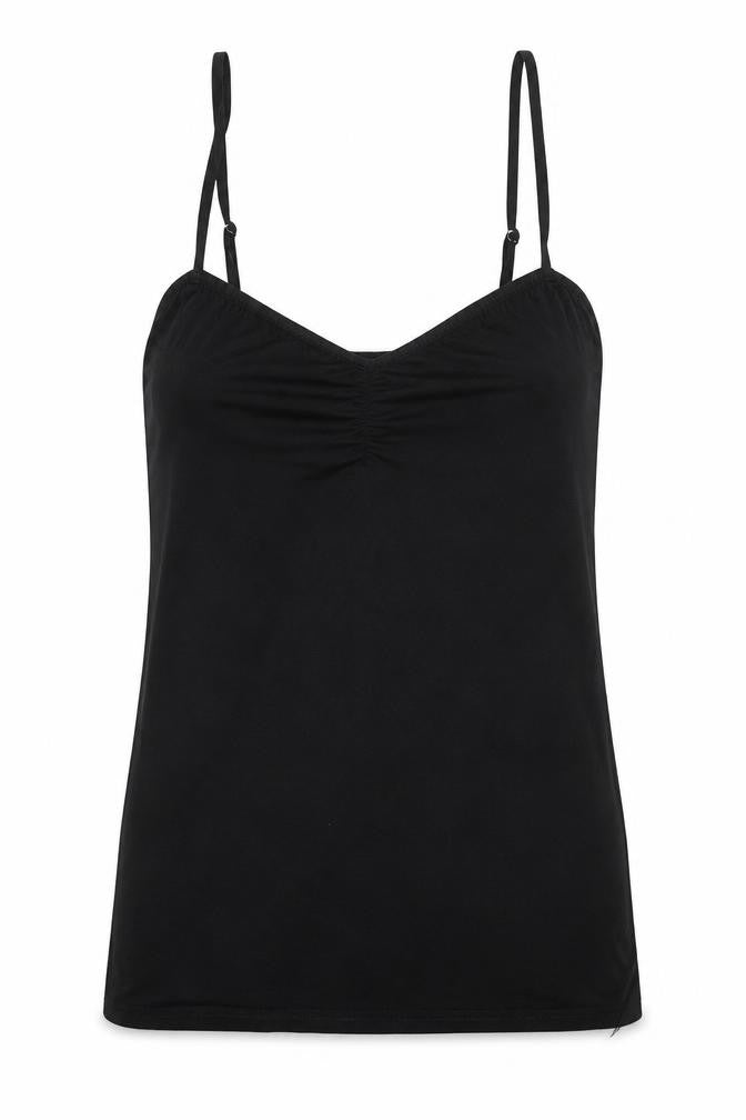 Front view of ASOS women’s black basic tank, size UK 10