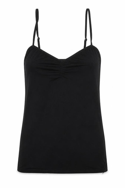 Front view of ASOS women’s black basic tank, size UK 10