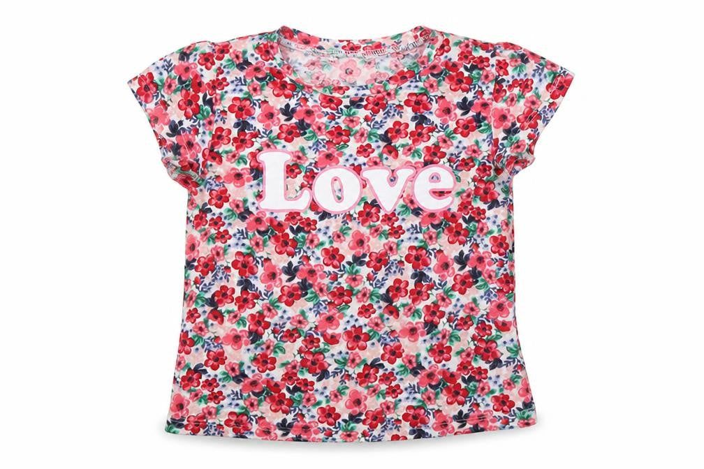Front view of H&M girls’ multicoloured floral basic t-shirt, size S