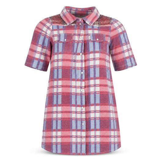 Front view of glory union women’s red basic button-up, size UK 12