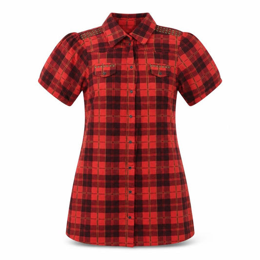 Front view of glory union women’s red basic button-up, size UK 12