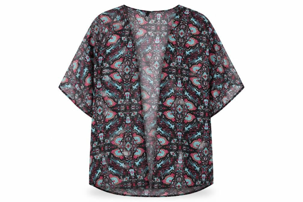 Front view of Preworn women’s black geometric jacket, size UK 14