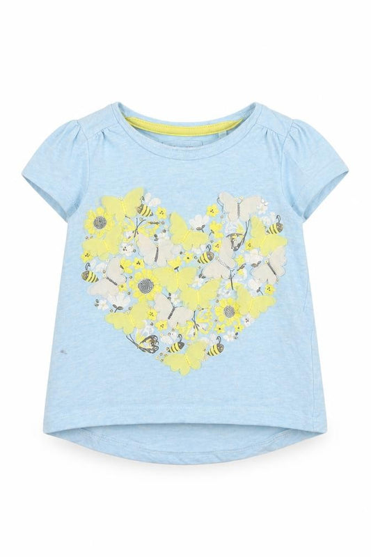 Front view of Tu girls’ blue floral basic t-shirt, size 9-12, months - love heart