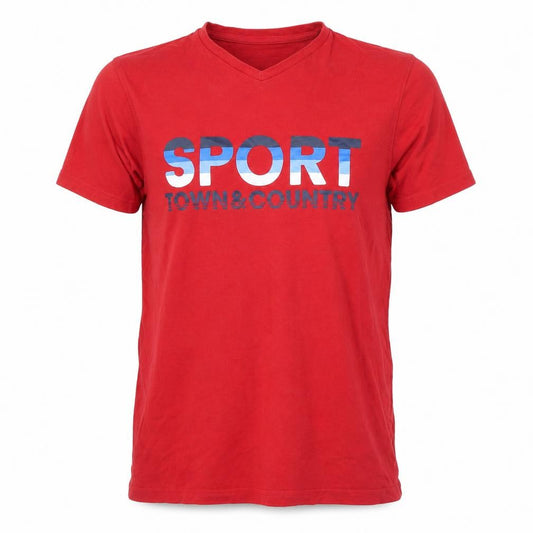 Front view of TEX men’s red t-shirt, size S, - sport town and country