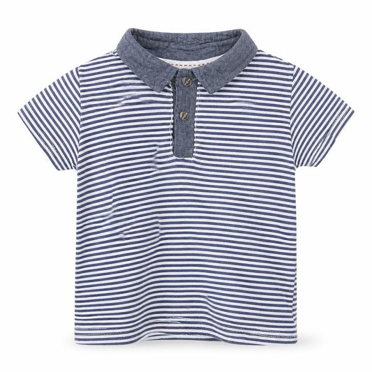 Front view of Lee Cooper boys’ blue striped basic polo, size 12-18, months