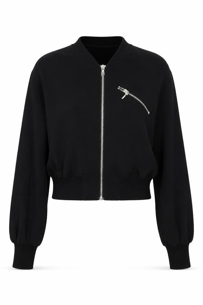 Front view of H&M women’s black full zip jumper, size UK 6