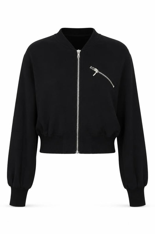 Front view of H&M women’s black full zip jumper, size UK 6