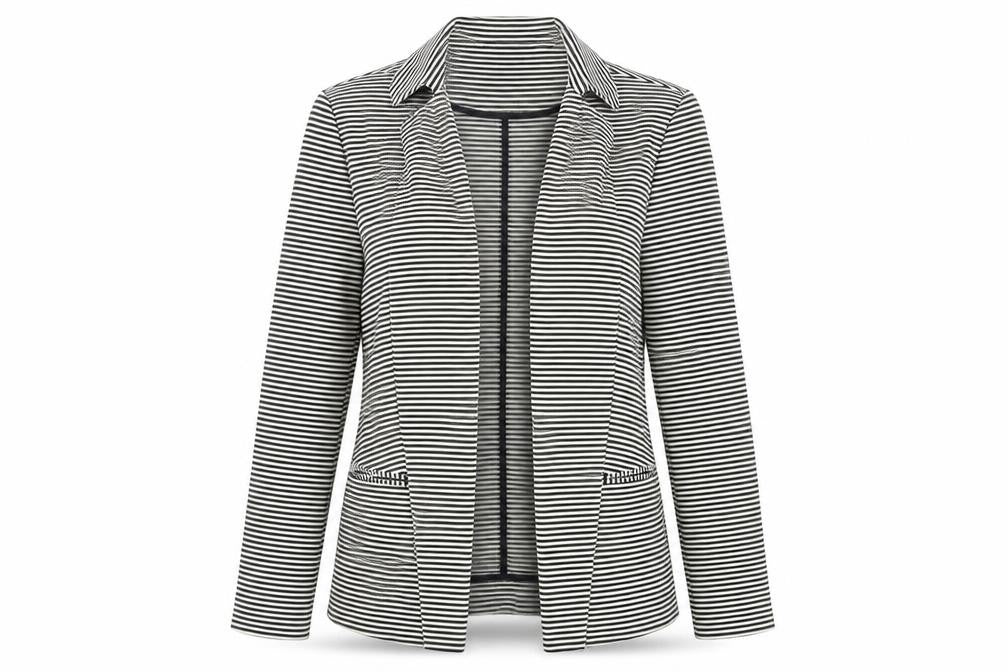 Front view of Marks & Spencer women’s white striped jacket, size UK 10