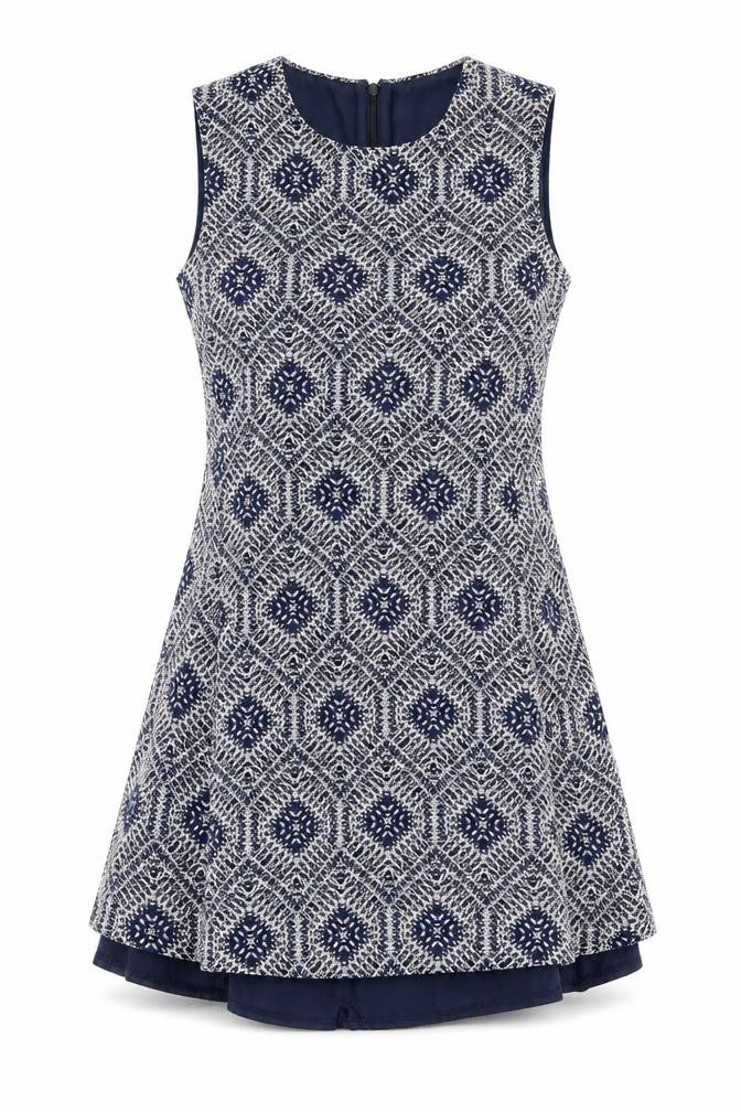 Front view of Amber Krystal women’s blue argyle/diamond a-line, size L