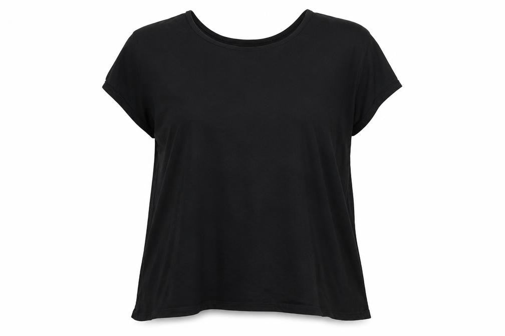 Front view of luxe luxueux women’s black basic t-shirt, size XS